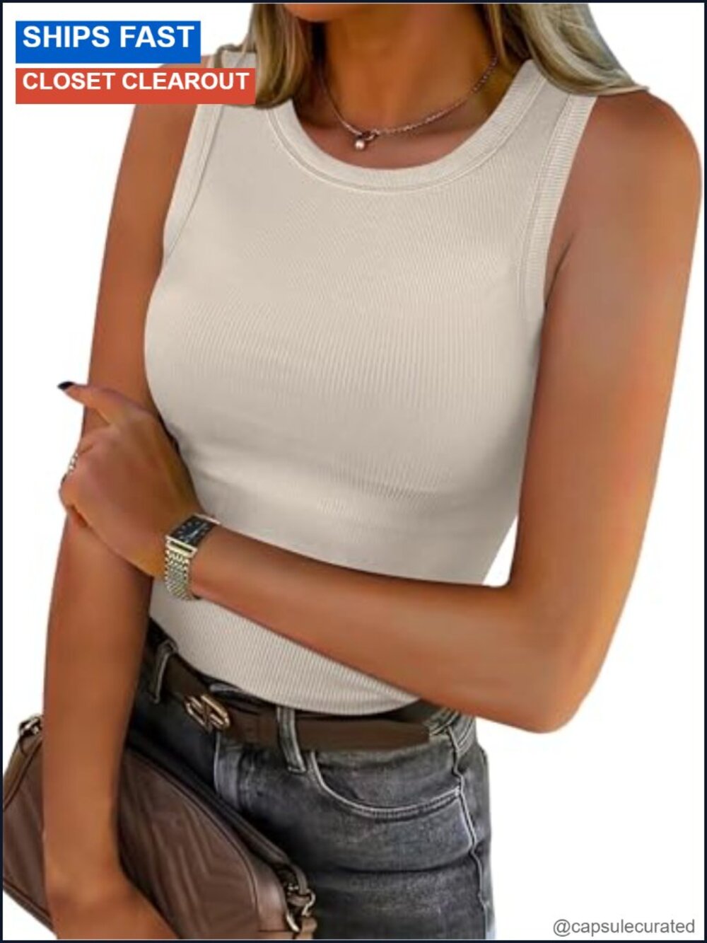 High Neck Ribbed Tank Top Sleeveless Summer Slim Fit Racerback Cami - Picture 1 of 6